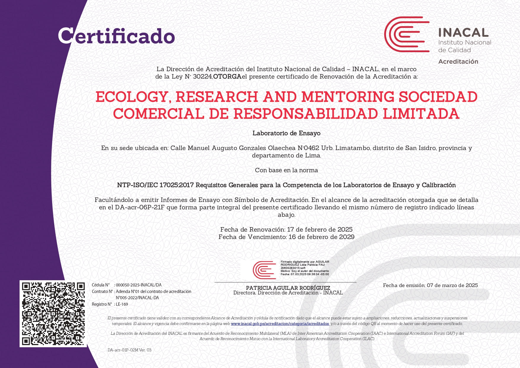 ECOLOGY - Certificado INACAL 17025