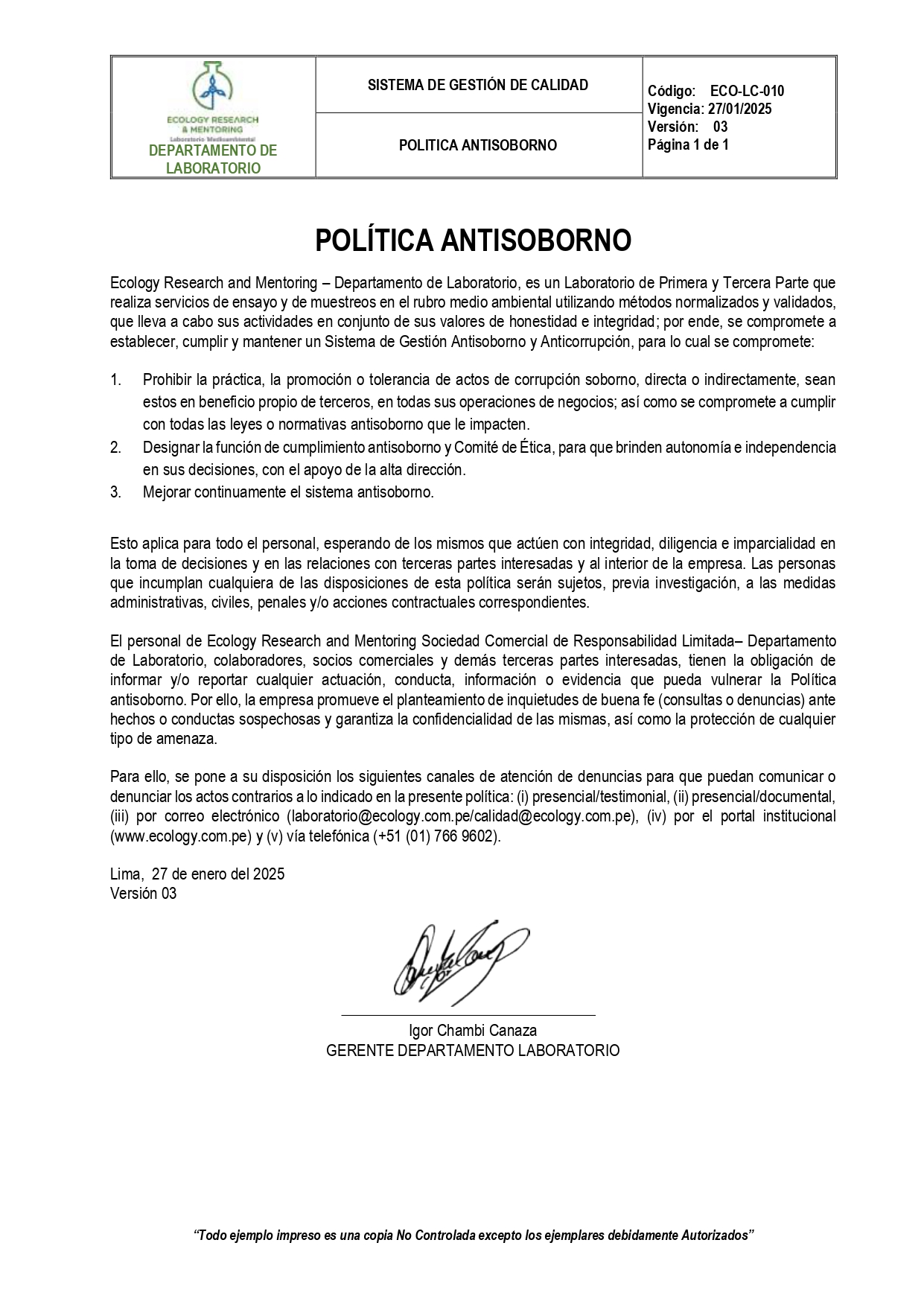 Política antisoborno - Ecology
